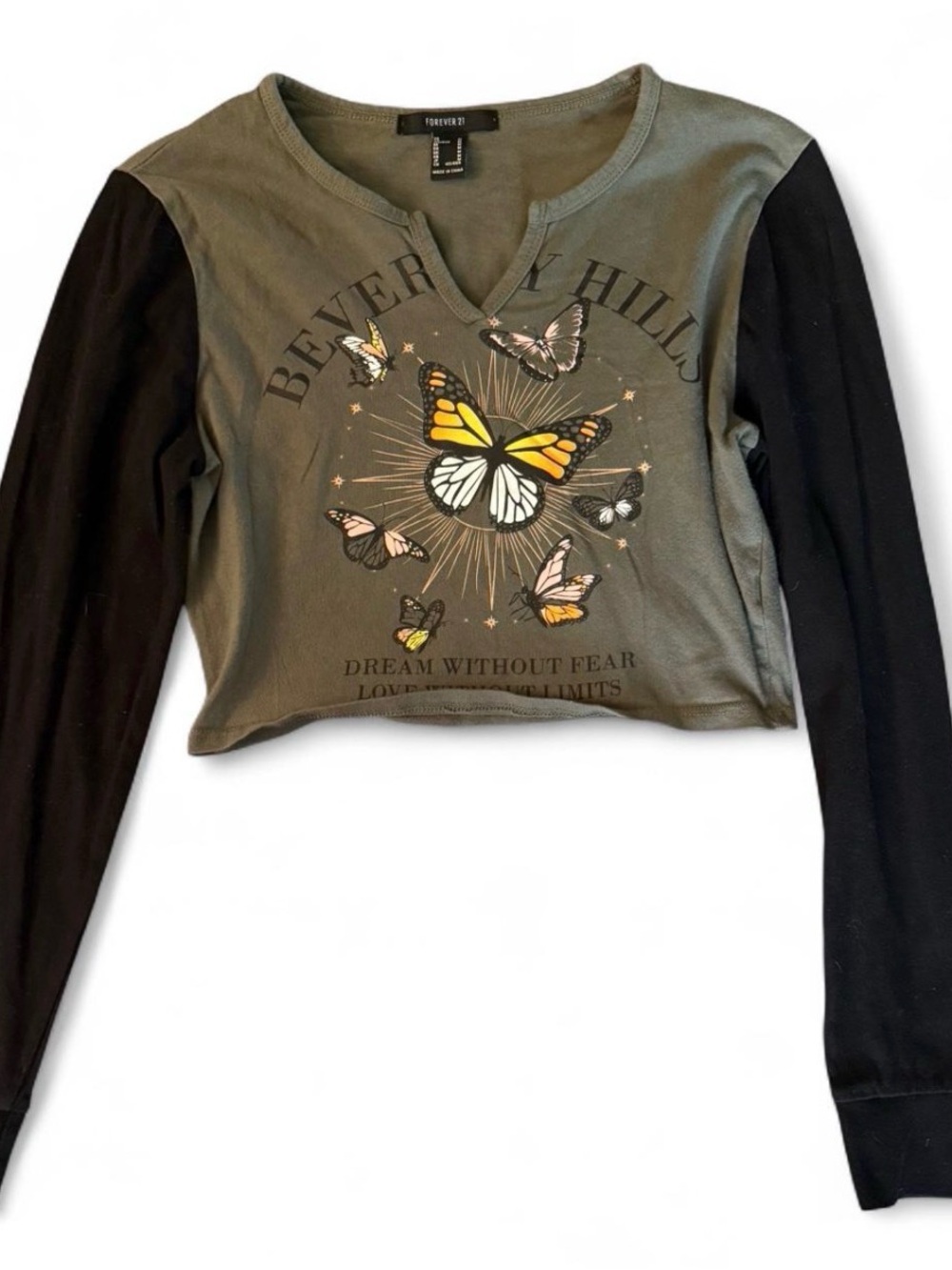 Forever 21 Olive & Black Butterfly Graphic Crop Tee